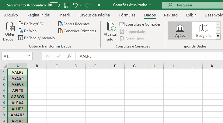 Como obter as cotações das ações direto no Excel